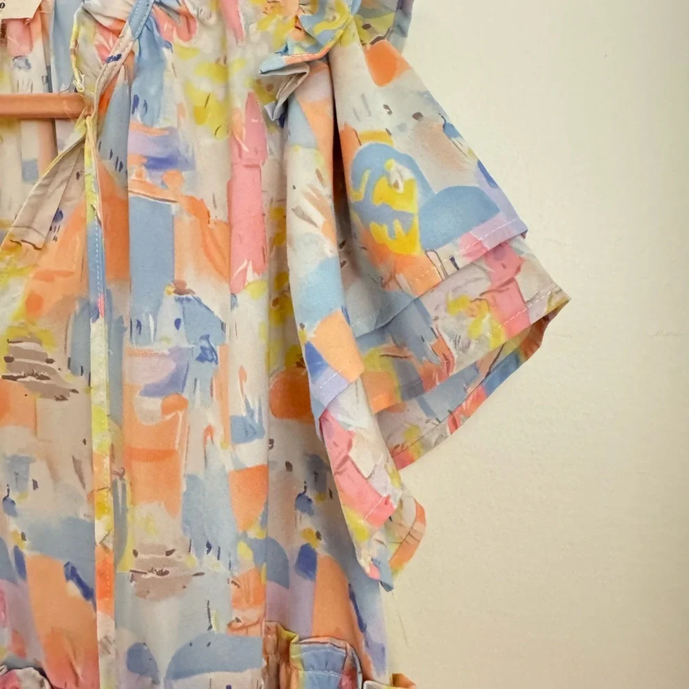 Entro NWOT Pastel Santorini Print Tiered Mini Dress Ruffle Sleeves Babydoll Med - Picture 8 of 8